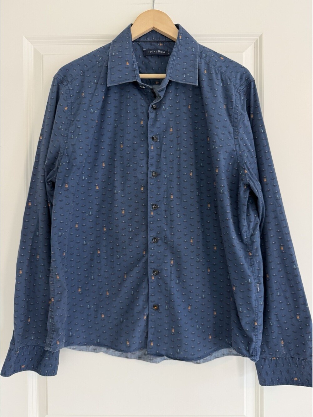 Stone Rose Men’s Slate Blue UFO Alien Print Button-Up Shirt Size L Modern Fun